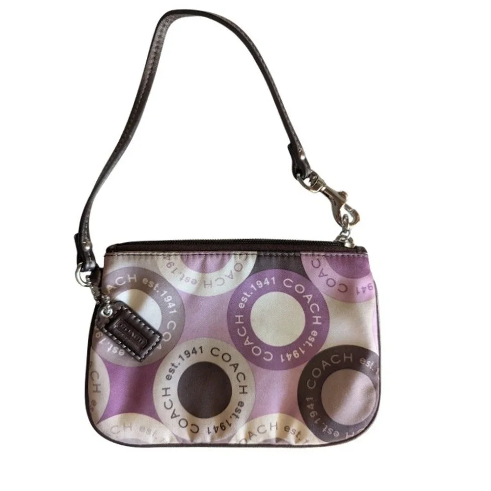Coach Purple Brown Op Art Circle Logo Sateen Leather Trim Wristlet Pouch Bag